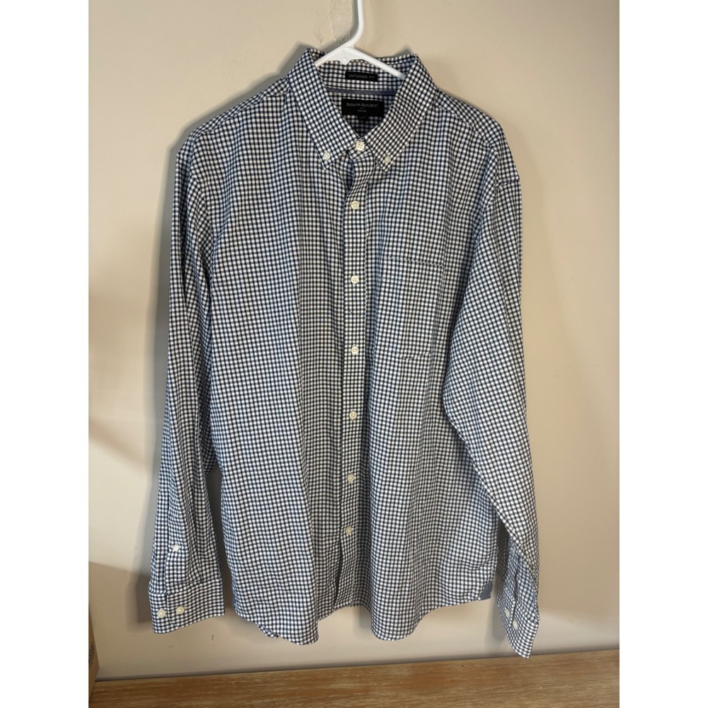 Banana Republic Mens XL Untucked Fit Oxford Shirt Navy Gingham Check Cotton